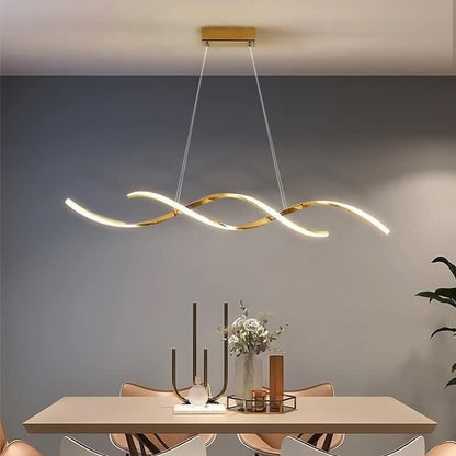 Lámpara Colgante Moderna LED de 2 Tubos Ondulados Dorados con Control Remoto - Estilo Minimalista Escandinavo (120 cm)