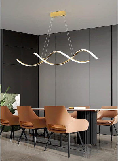 Lámpara Colgante Moderna LED de 2 Tubos Ondulados Dorados con Control Remoto - Estilo Minimalista Escandinavo (120 cm)