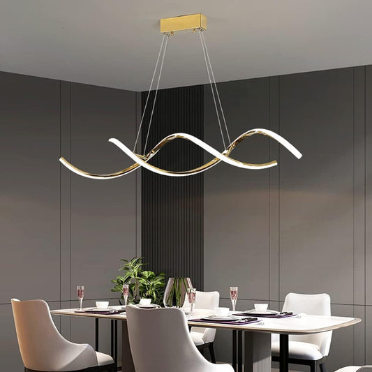 Lámpara Colgante Moderna LED de 2 Tubos Ondulados Dorados con Control Remoto - Estilo Minimalista Escandinavo (120 cm)