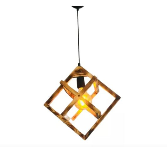 Lámpara De Techo Colgante Cubo Doble Madera - Estilo Rústico Industrial