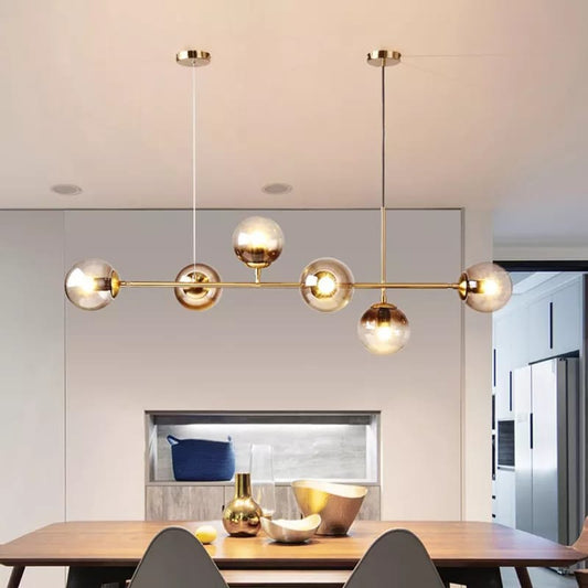 Lámpara Colgante de Techo Moderna Dorada con Globos de Cristal - Candelabro Ajustable de 6 Luces LED